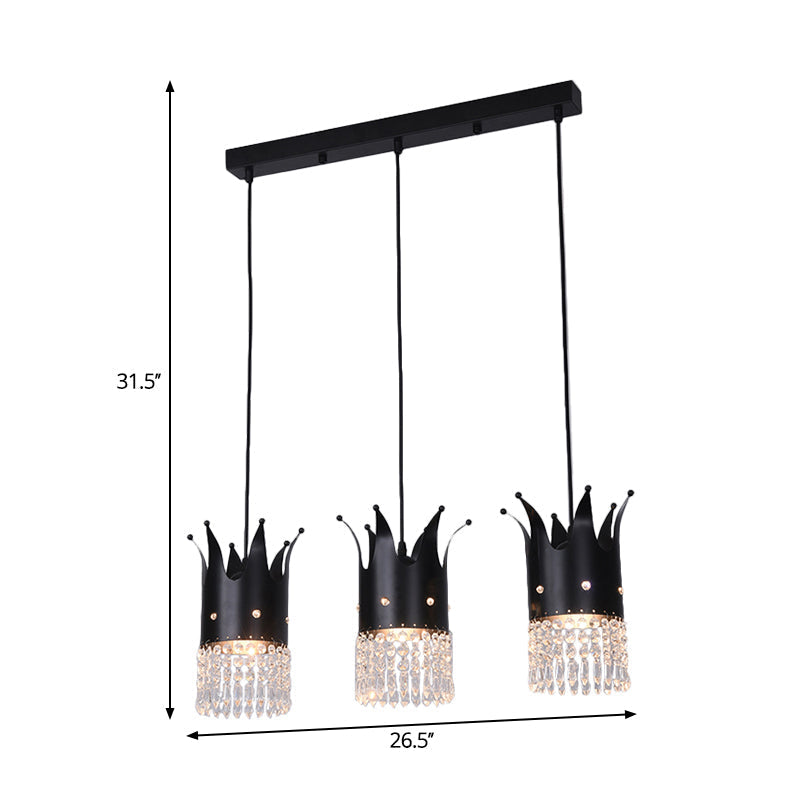 Modern Black Crown Island Lighting With Crystal Droplets - 3 Bulbs Metal Multi Hanging Lamp Kit