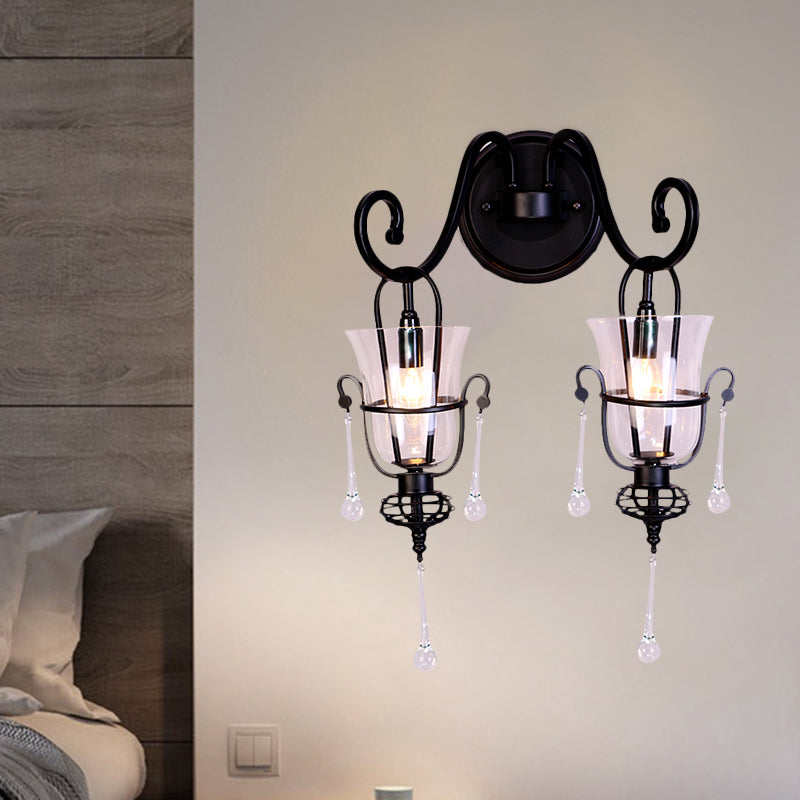 Modern Flared Black Wall Lamp With Clear Glass Shade