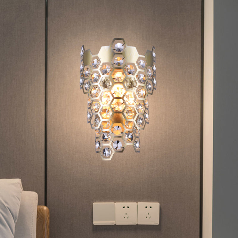 Champagne Hexagon-Crystal Wall Sconce With 3 Tapered Bulbs - Contemporary Flush Mount Light