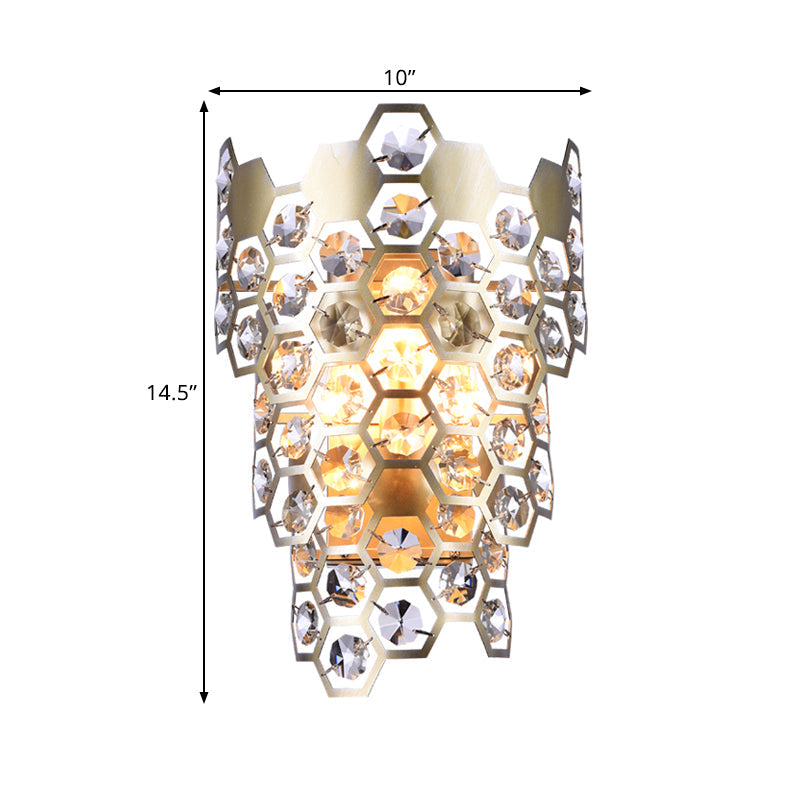 Champagne Hexagon-Crystal Wall Sconce With 3 Tapered Bulbs - Contemporary Flush Mount Light
