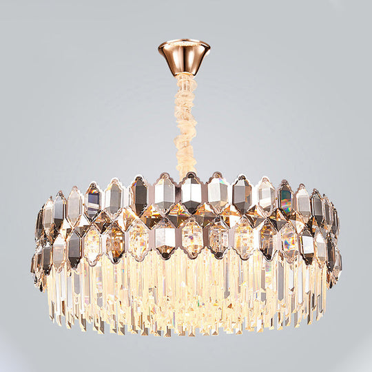 Modern Style Gold Chandelier: Round Ceiling Pendant With Clear Crystal Prisms 12 Lights