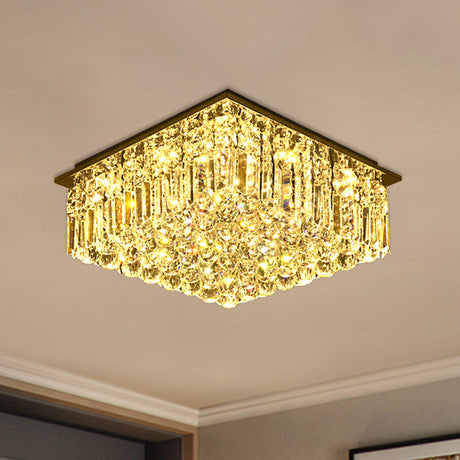 Modern Stainless Steel Square Ceiling Light With Clear Bevel Cut Glass - Led Flush Mount For Bedroom