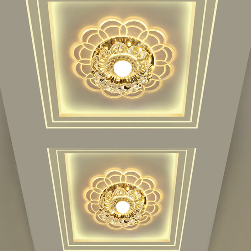 Silver Flush Mount Led Ceiling Light Fixture With Clear Crystal Flower Design - Warm/Multi Color