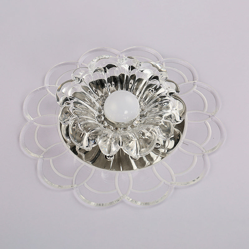 Silver Flush Mount Led Ceiling Light Fixture With Clear Crystal Flower Design - Warm/Multi Color