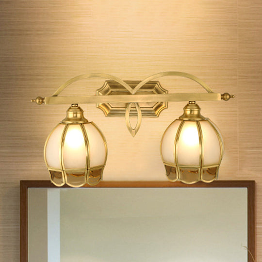 Gold Milk Glass Wall Sconce With Flower Accent 2-Light Vanity Fixture For Luxurious Bathroom