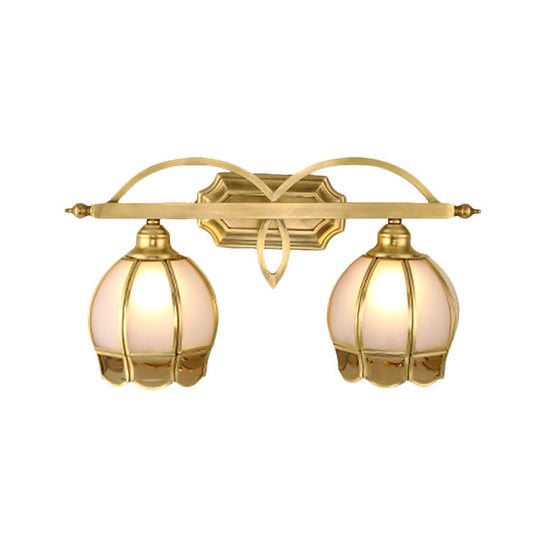 Gold Milk Glass Wall Sconce With Flower Accent 2-Light Vanity Fixture For Luxurious Bathroom