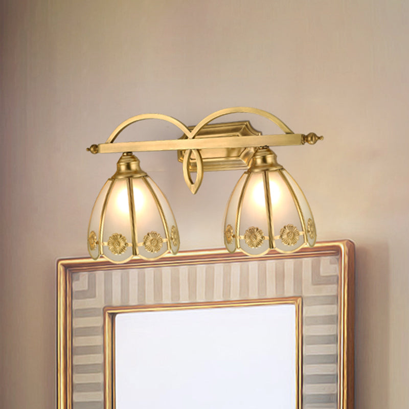 Gold Milk Glass Wall Sconce With Flower Accent 2-Light Vanity Fixture For Luxurious Bathroom