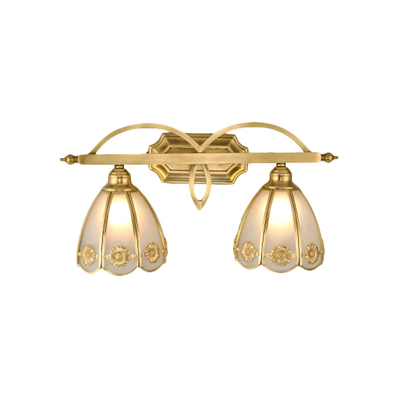 Gold Milk Glass Wall Sconce With Flower Accent 2-Light Vanity Fixture For Luxurious Bathroom