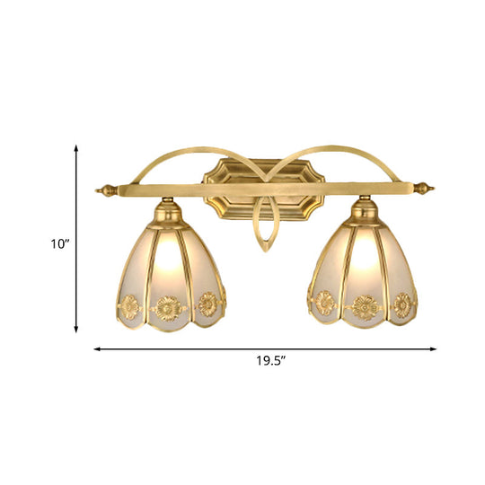 Gold Milk Glass Wall Sconce With Flower Accent 2-Light Vanity Fixture For Luxurious Bathroom