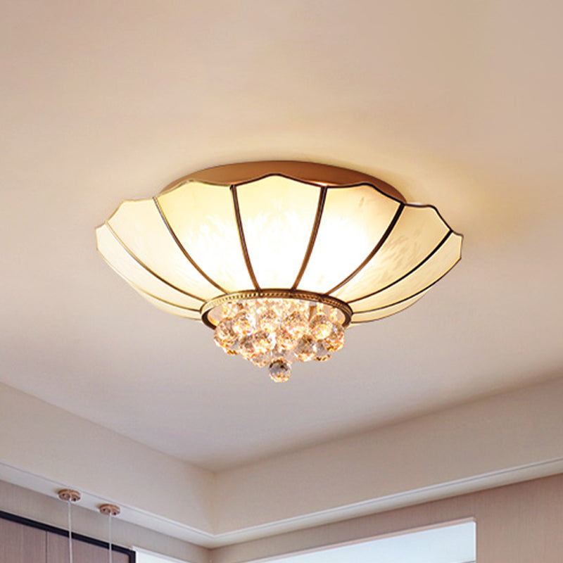 Milky Glass Scalloped Flush Light - 4/6 Lights Bedroom Mount With Crystal Ball