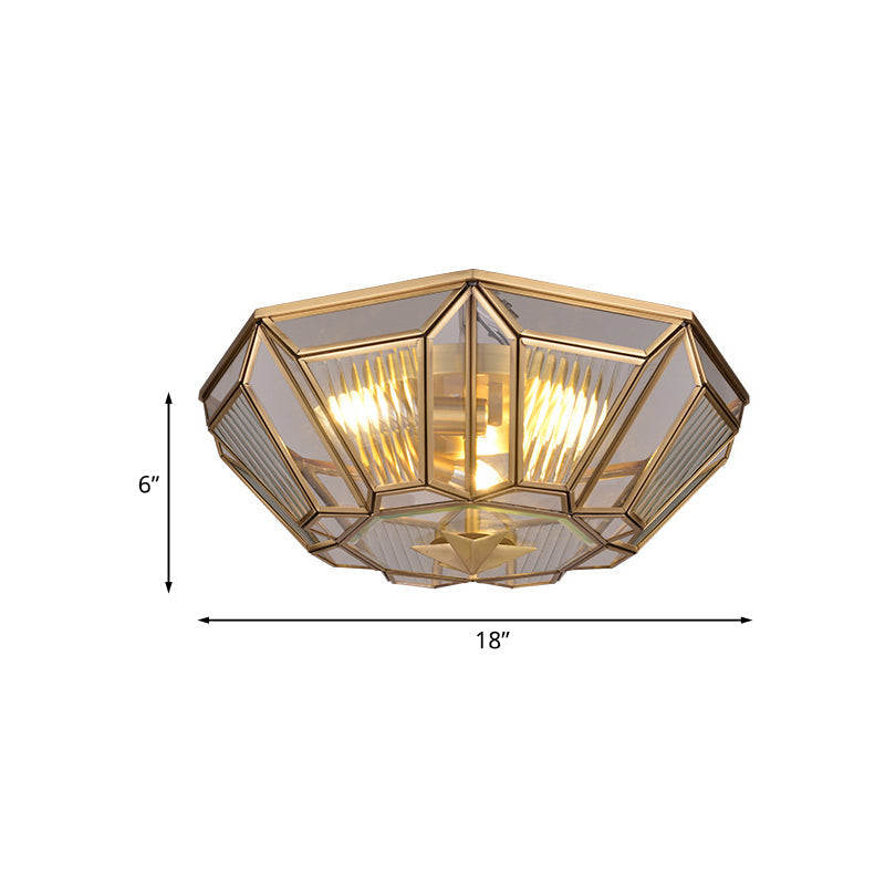 Colonial Gold Geometric Glass Flush Light - 3-Light Ceiling Mount For Bedroom