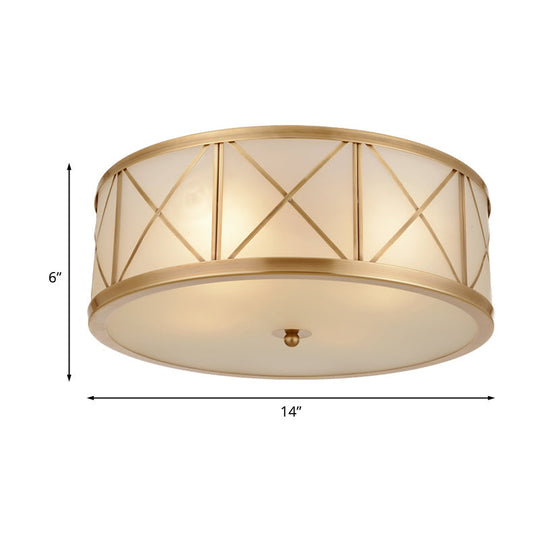 Colonial Gold Glass Ceiling Lamp With Trellis Cage - Bedroom Flush Light