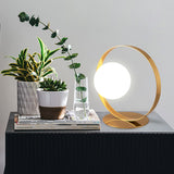 Gold Ring Table Lamp - Postmodern Iron Nightstand Light With Opaline Glass Shade