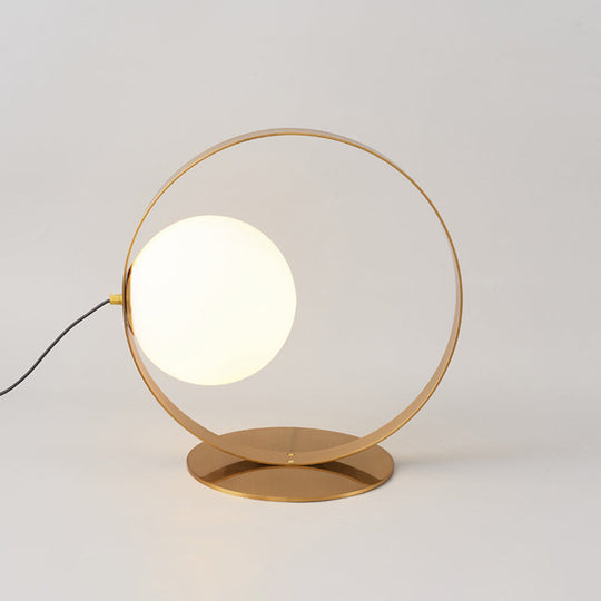 Beatrice - Gold Ring Table Lamp Postmodern 1 Bulb Iron Nightstand Light With Ball Opaline Glass