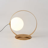 Gold Ring Table Lamp - Postmodern Iron Nightstand Light With Opaline Glass Shade