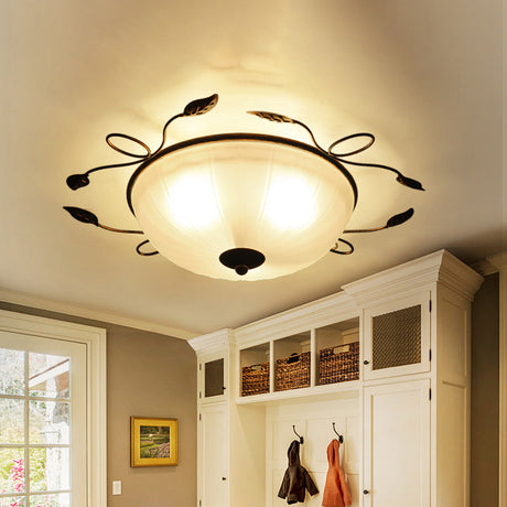 Vintage Bowl-Shaped White Glass Flush Light With Leaf Decoration - 3-Light Mount Spotlight