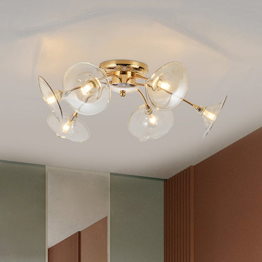 Vintage 6 - Light Ceiling Lamp With Metal Brass Branchlet Design And Flare Green/Cognac Glass Shade