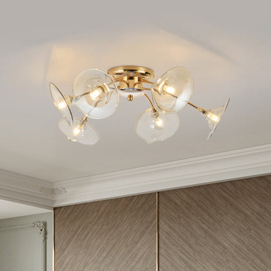 Vintage 6 - Light Ceiling Lamp With Metal Brass Branchlet Design And Flare Green/Cognac Glass Shade