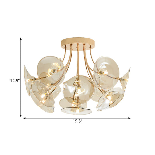 Mid - Century Wide Flare Amber Glass Semi Flush Light - Gold Finish Ceiling Fixture For Living Room