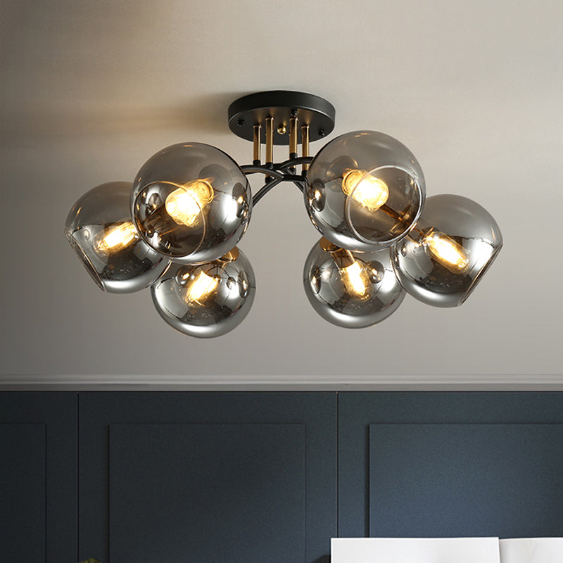 6-Head Vintage Black Semi Flush Mount Ceiling Lighting With Orb Smoke/Clear Glass Shade At 6 Heads
