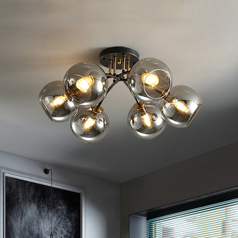 6-Head Vintage Black Semi Flush Mount Ceiling Lighting With Orb Smoke/Clear Glass Shade At 6 Heads