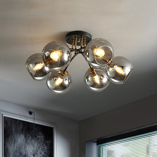 6-Head Vintage Black Semi Flush Mount Ceiling Lighting With Orb Smoke/Clear Glass Shade At 6 Heads