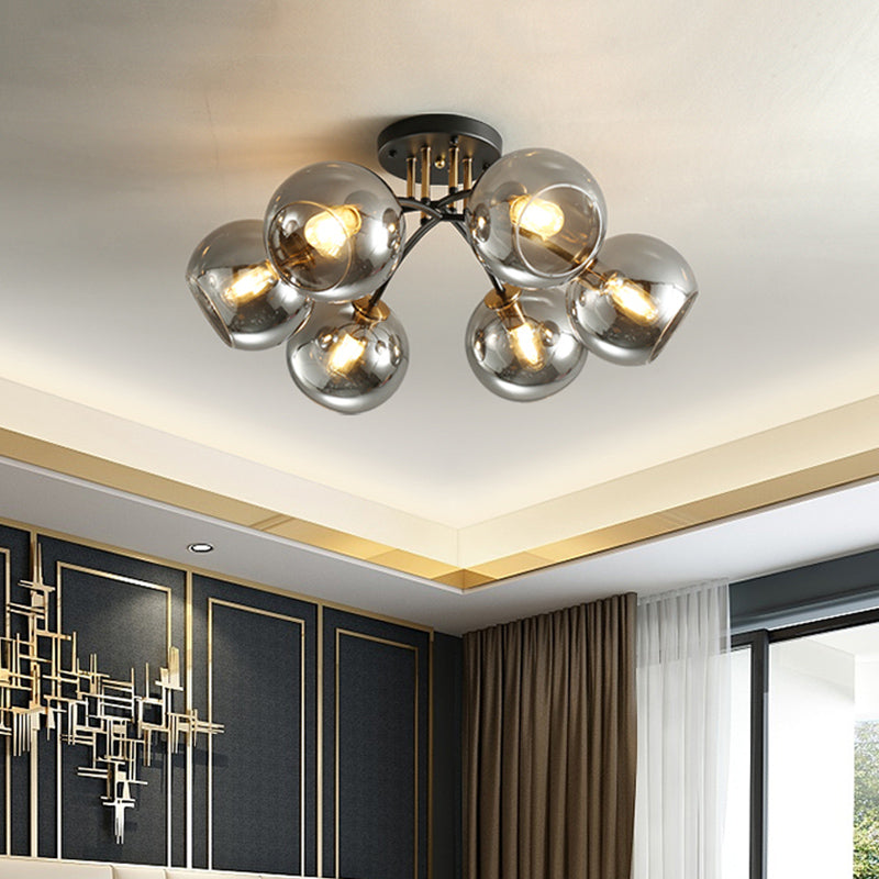 6-Head Vintage Black Semi Flush Mount Ceiling Lighting With Orb Smoke/Clear Glass Shade At 6 Heads