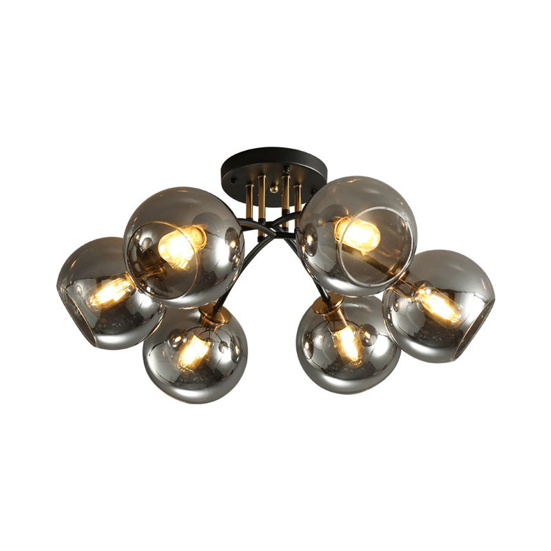 6-Head Vintage Black Semi Flush Mount Ceiling Lighting With Orb Smoke/Clear Glass Shade At 6 Heads