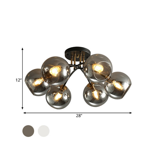 6-Head Vintage Black Semi Flush Mount Ceiling Lighting With Orb Smoke/Clear Glass Shade At 6 Heads