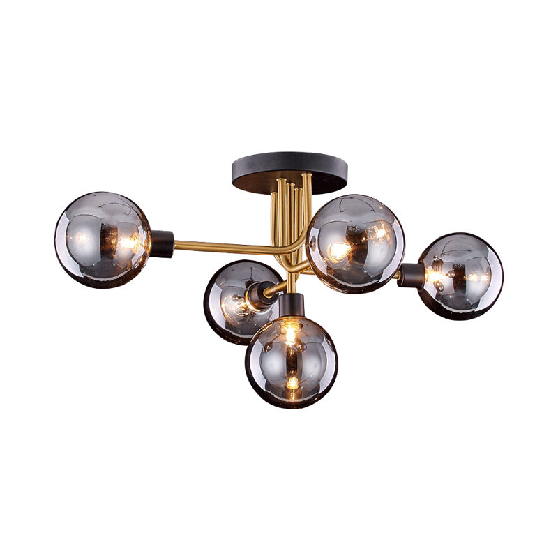 Vintage Brass Smoke Glass Kitchen Ceiling Fixture - Retro Semi Flush Mount Light With 5 Bulbs