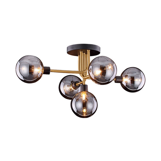 Vintage Brass Smoke Glass Kitchen Ceiling Fixture - Retro Semi Flush Mount Light With 5 Bulbs