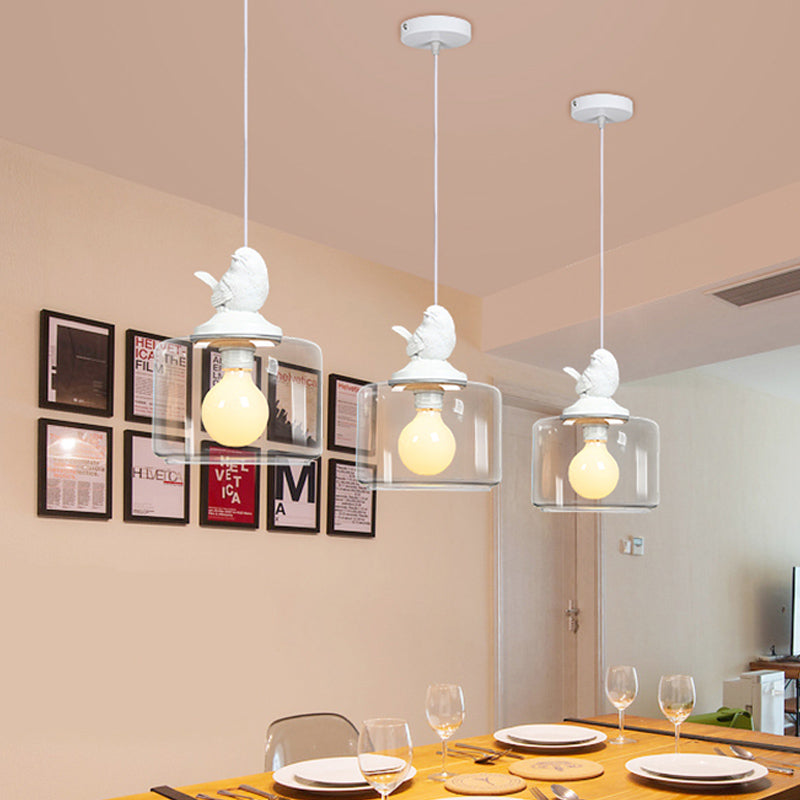 Modern Clear Glass Drum Dinette Pendant Lamp With White Bird Top - 1 Bulb Hanging Kit