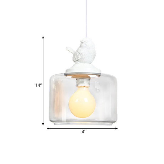 Modern Drum Shaped Dinette Pendant Lamp With Clear Glass And White Bird Top