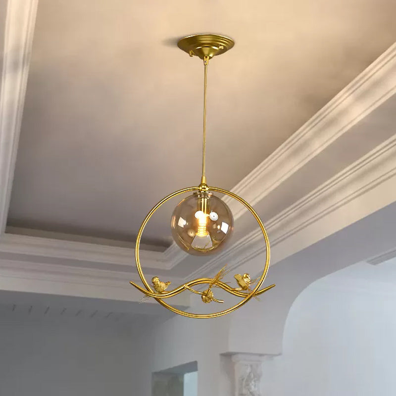 Mid-Century Brass Ring Pendant Ceiling Lamp With Amber/Smoke Grey Glass Shade And Bird Deco Amber