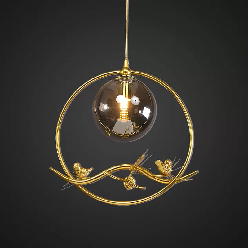 Mid-Century Brass Ring Pendant Ceiling Lamp With Amber/Smoke Grey Glass Shade And Bird Deco