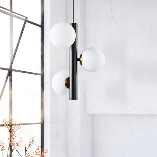 Contemporary Black/White Plumb Chandelier With 3 Frosted Glass Heads - Ceiling Pendant For Dining