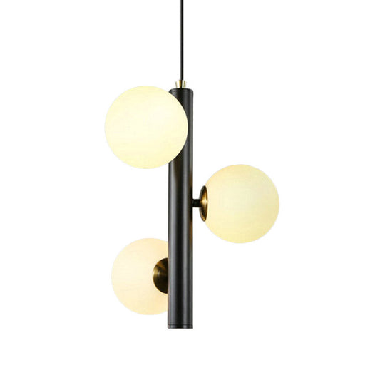 Contemporary Black/White Plumb Chandelier With 3 Frosted Glass Heads - Ceiling Pendant For Dining