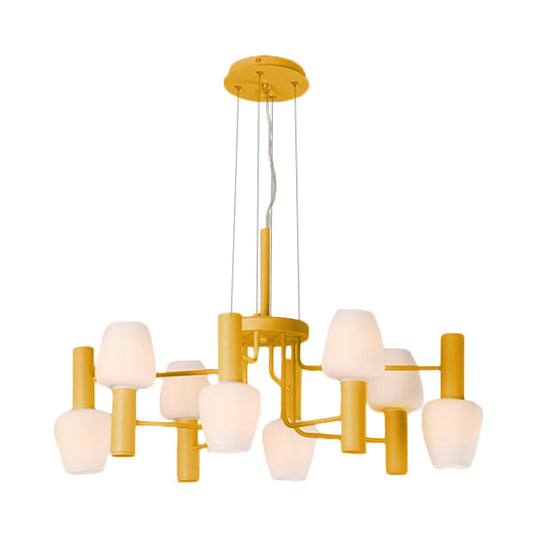 Macaron Pink/Yellow/Blue Lounge Chandelier With Milk Glass Shades - 8 Bulbs Hanging Lamp