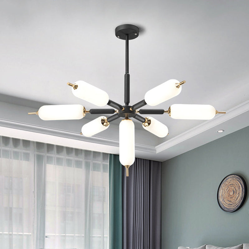 Nordic 7-Light Wooden Chandelier With Black Suspension And Matte Glass Shade