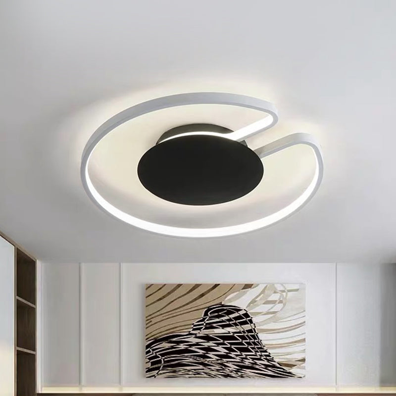 Modern Led Flush Mount Light Iron White And Black Inner Hoop Ceiling Lamp - 15’/19’ W Open