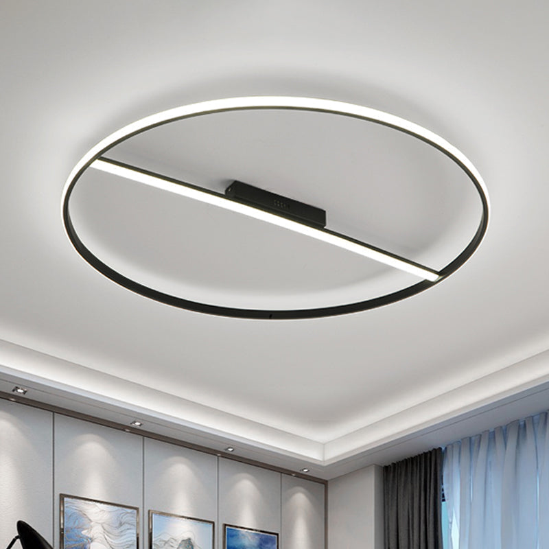 Minimalist Black Flush Mounted Led Ceiling Lamp With Cross Bar - 18’/23.5’ Diameter Warm/White Light