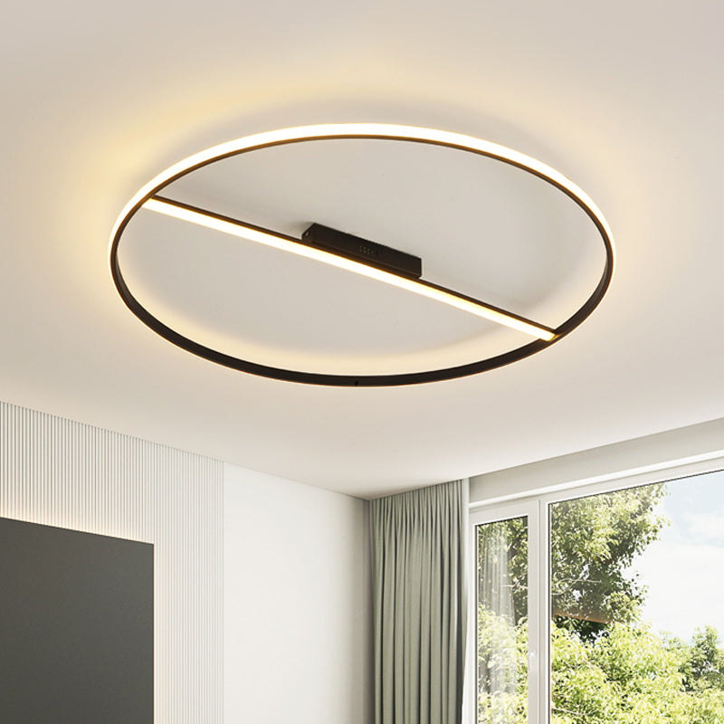 Minimalist Black Flush Mounted Led Ceiling Lamp With Cross Bar - 18’/23.5’ Diameter Warm/White Light