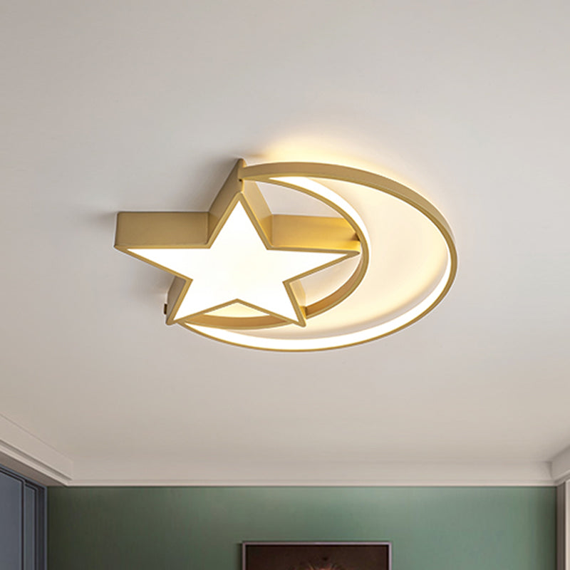 Contemporary Iron Crescent - Star Surface Ceiling Light Led Flush Mount In Gold - 16’/19.5’