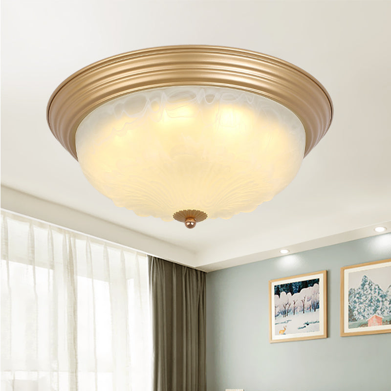 Colonial White Glass Bowl Flush Mount Ceiling Light With Gold Finish - 2/3 Heads 16/19.5 Width / 16