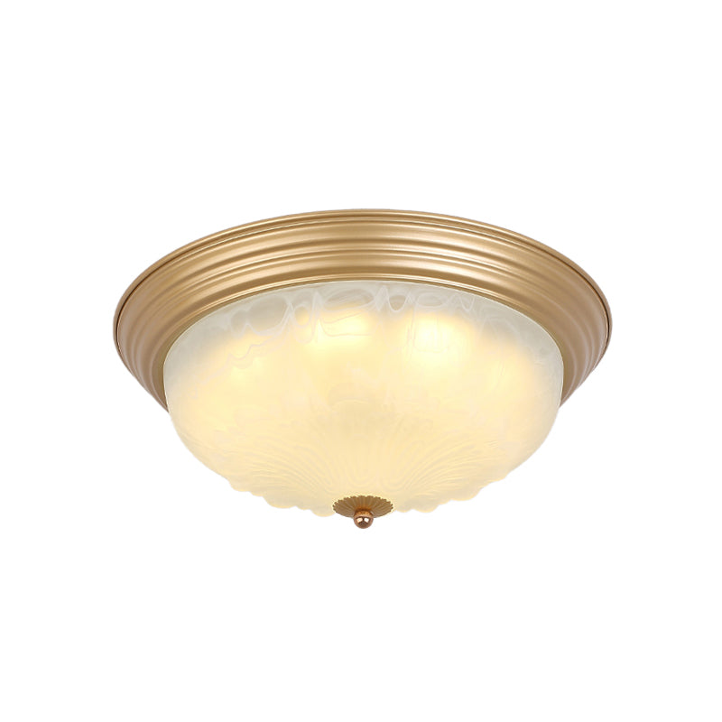 Colonial White Glass Bowl Flush Mount Ceiling Light With Gold Finish - 2/3 Heads 16/19.5 Width
