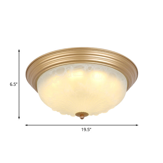 Colonial White Glass Bowl Flush Mount Ceiling Light With Gold Finish - 2/3 Heads 16’/19.5’ Width