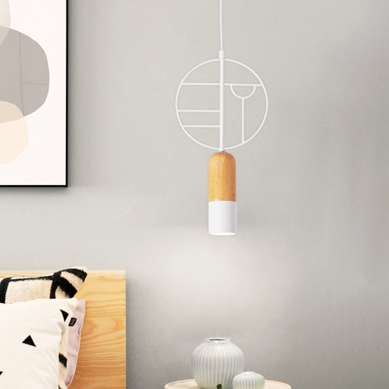 Nordic Wood Hanging Pendant Light In White With Round Wired Decor