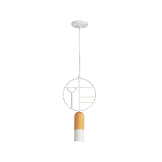 Nordic Chalk Wood Hanging Light Pendant - Single Head Ceiling Lamp In White With Wired Round Decor