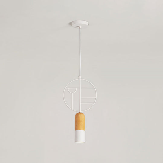 Nordic Chalk Wood Hanging Light Pendant - Single Head Ceiling Lamp In White With Wired Round Decor