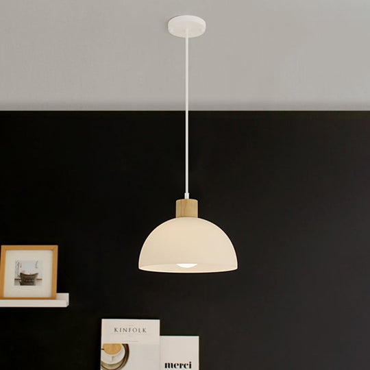 White Acrylic Bowl Pendant Light With Wooden Cap - Simple Single Hanging Suspension